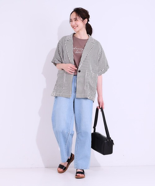 Cutie Blonde(キューティーブロンド)の「【セットアップ可能/ひんやり/吸水速乾】サッカーストライプ テーラードカラーシャツジャケット(テーラードジャケット・レディース・ネイビー系2/ブラック系2/ブラウン系その他3・03/04/02/01)」の10枚目の写真