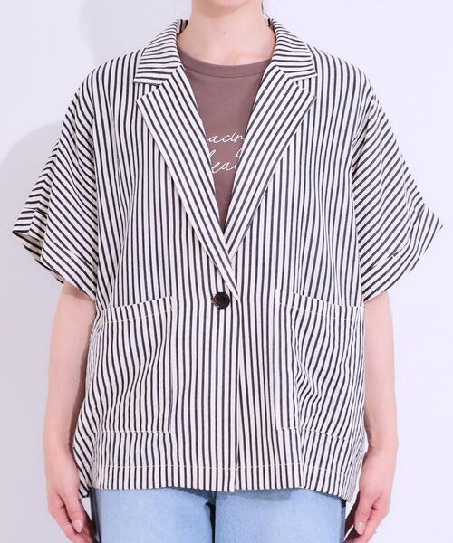 Cutie Blonde(キューティーブロンド)の「【セットアップ可能/ひんやり/吸水速乾】サッカーストライプ テーラードカラーシャツジャケット(テーラードジャケット・レディース・ネイビー系2/ブラック系2/ブラウン系その他3・03/04/02/01)」の12枚目の写真