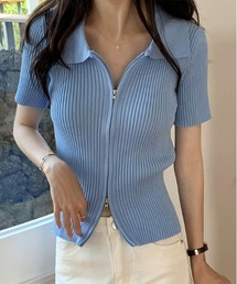 WEGO/前開きファスナーリブタイトポロTシャツ/クロップドトップス