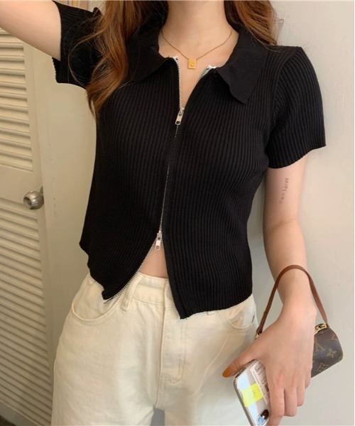 WEGO(ウィゴー)の「WEGO/前開きファスナーリブタイトポロTシャツ/クロップドトップス(ポロシャツ・レディース・ホワイト/ブルー/ブラック・FREE)」の9枚目の写真