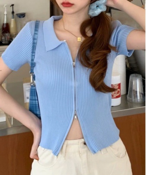 WEGO(ウィゴー)の「WEGO/前開きファスナーリブタイトポロTシャツ/クロップドトップス(ポロシャツ・レディース・ホワイト/ブルー/ブラック・FREE)」の10枚目の写真