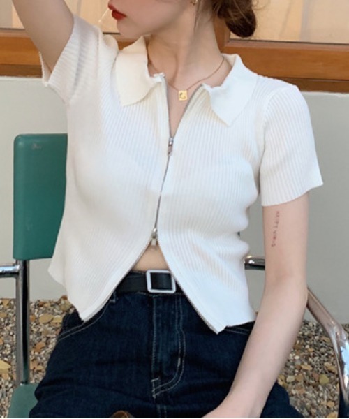 WEGO(ウィゴー)の「WEGO/前開きファスナーリブタイトポロTシャツ/クロップドトップス(ポロシャツ・レディース・ホワイト/ブルー/ブラック・FREE)」の16枚目の写真