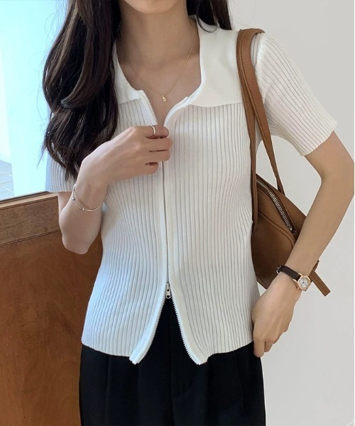 WEGO(ウィゴー)の「WEGO/前開きファスナーリブタイトポロTシャツ/クロップドトップス(ポロシャツ・レディース・ホワイト/ブルー/ブラック・FREE)」の19枚目の写真