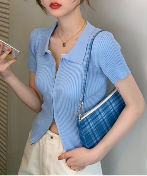 WEGO(ウィゴー)の「WEGO/前開きファスナーリブタイトポロTシャツ/クロップドトップス(ポロシャツ・レディース・ホワイト/ブルー/ブラック・FREE)」の8枚目の写真