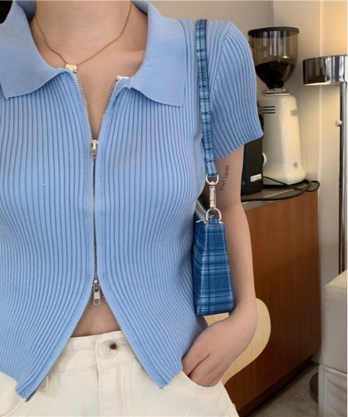 WEGO(ウィゴー)の「WEGO/前開きファスナーリブタイトポロTシャツ/クロップドトップス(ポロシャツ・レディース・ホワイト/ブルー/ブラック・FREE)」の13枚目の写真