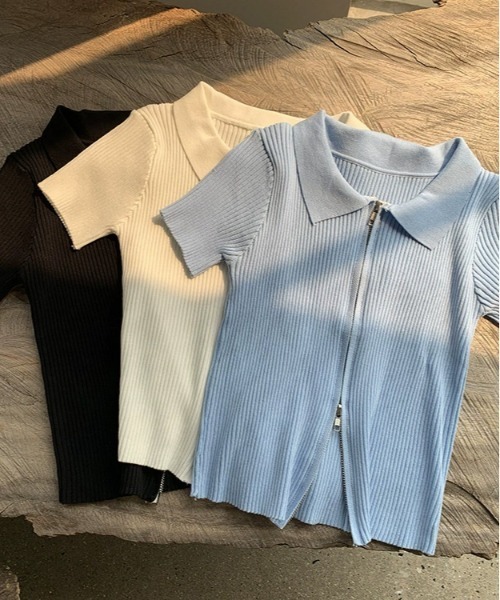 WEGO(ウィゴー)の「WEGO/前開きファスナーリブタイトポロTシャツ/クロップドトップス(ポロシャツ・レディース・ホワイト/ブルー/ブラック・FREE)」の15枚目の写真