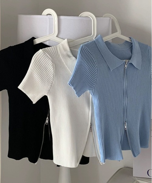 WEGO(ウィゴー)の「WEGO/前開きファスナーリブタイトポロTシャツ/クロップドトップス(ポロシャツ・レディース・ホワイト/ブルー/ブラック・FREE)」の21枚目の写真