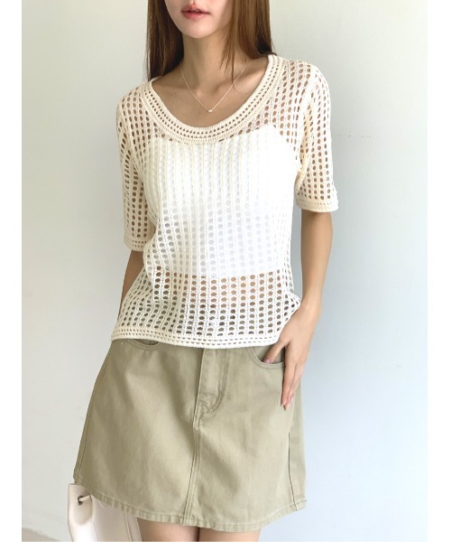 MINS MINIS（ミンスミニス）の「メッシュニットプルオーバー（ニット/セーター・レディース・ホワイト/ベージュ/ブラック・FREE）」の9枚目の写真