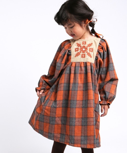 セール】レトロフラワー刺繍チェックワンピース（ワンピース