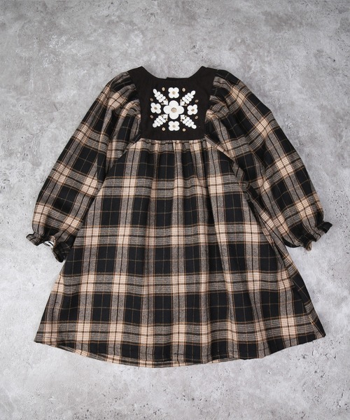 セール】レトロフラワー刺繍チェックワンピース（ワンピース