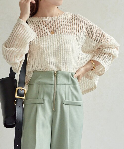 Thevon(ゼボン)の「ショート丈メッシュニット(ニット/セーター・レディース・ベージュ/サンドベージュ/ブラック/ライム・FREE)」の2枚目の写真