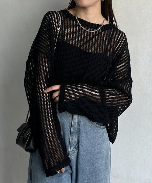 Thevon(ゼボン)の「ショート丈メッシュニット(ニット/セーター・レディース・ベージュ/サンドベージュ/ブラック/ライム・FREE)」の12枚目の写真
