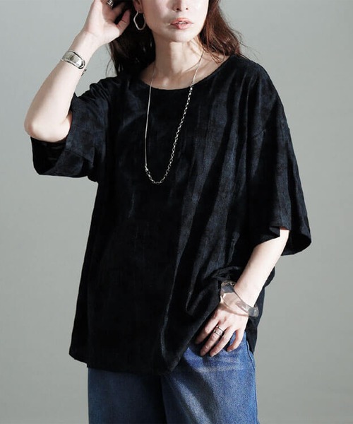 GOLDJAPAN(ゴールドジャパン)の「ムラ染めクラッシュ加工BIGTシャツ【大きいサイズ対応】(Tシャツ/カットソー・レディース・グレー/ブラック・LL~3L/4L~5L)」の1枚目の写真