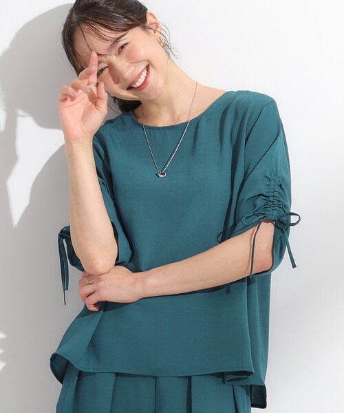 DRESKIP(ドレスキップ)の「◆【セットアップ可/洗える/S-LL】お袖シャーリング 麻調5分袖ブラウス(シャツ/ブラウス・レディース・ライトベージュ/ブルーグリーン/ネイビー・01/02/03/04)」の1枚目の写真