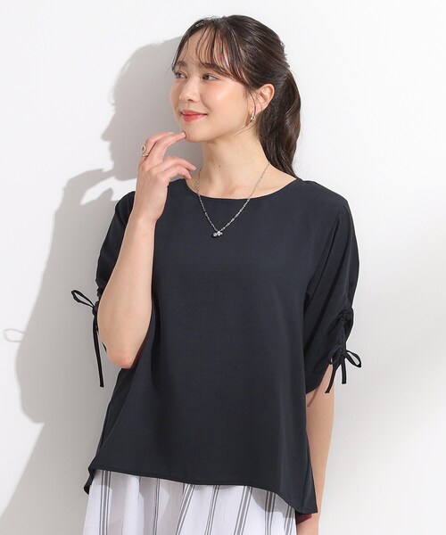 DRESKIP(ドレスキップ)の「◆【セットアップ可/洗える/S-LL】お袖シャーリング 麻調5分袖ブラウス(シャツ/ブラウス・レディース・ライトベージュ/ブルーグリーン/ネイビー・01/02/03/04)」の5枚目の写真