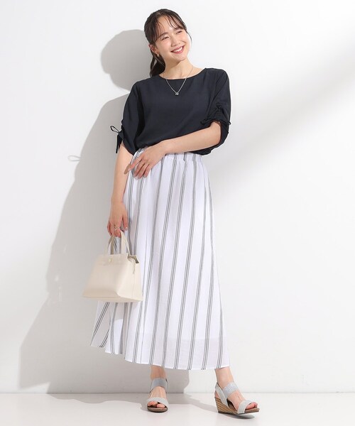 DRESKIP(ドレスキップ)の「◆【セットアップ可/洗える/S-LL】お袖シャーリング 麻調5分袖ブラウス(シャツ/ブラウス・レディース・ライトベージュ/ブルーグリーン/ネイビー・01/02/03/04)」の7枚目の写真