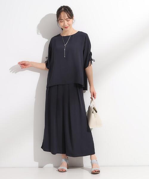 DRESKIP(ドレスキップ)の「◆【セットアップ可/洗える/S-LL】お袖シャーリング 麻調5分袖ブラウス(シャツ/ブラウス・レディース・ライトベージュ/ブルーグリーン/ネイビー・01/02/03/04)」の9枚目の写真