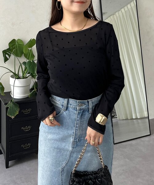 prose verse(プロズヴェール)の「フロッキードットボートネックシアートップス(Tシャツ/カットソー・レディース・ブラック/アイボリー/ブラック系その他/ホワイト系その他・LARGE/MEDIUM)」の3枚目の写真