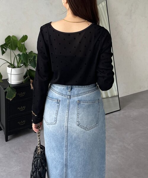 セール】フロッキードットボートネックシアートップス（Tシャツ