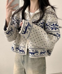 ノルディック柄 ダブルジップ 長袖 ニット トップス