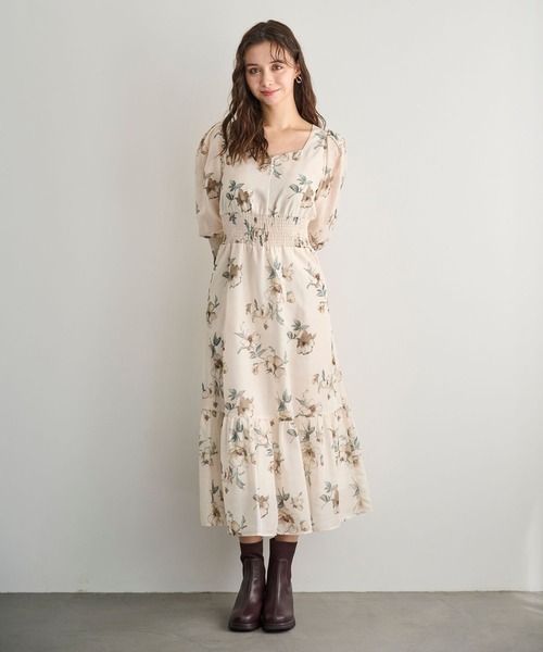 セール】2025秋冬新作 Vネックギャザーフラワーワンピース（ワンピース