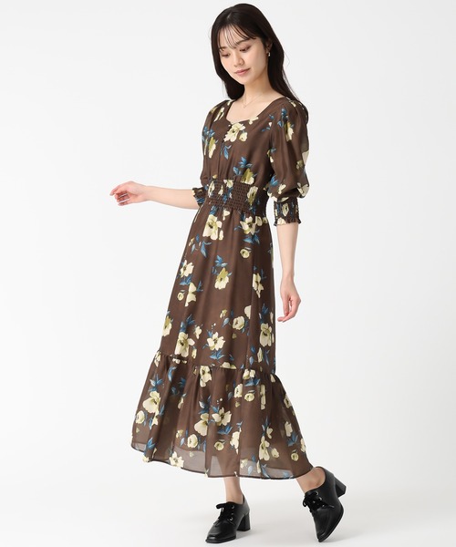 セール】2025秋冬新作 Vネックギャザーフラワーワンピース（ワンピース