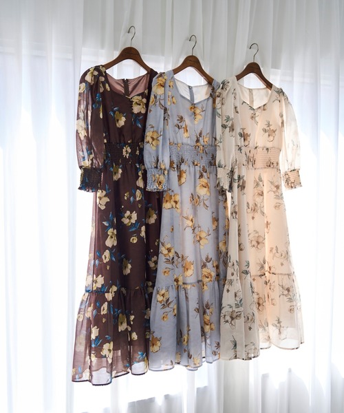 セール】2025秋冬新作 Vネックギャザーフラワーワンピース（ワンピース