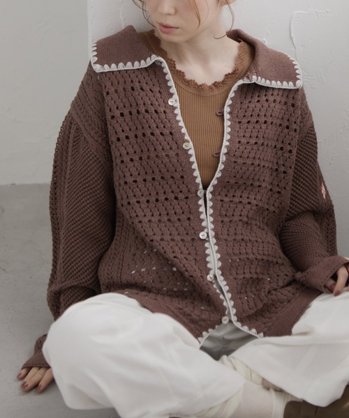 Crisp（クリスプ）の「ステッチアクセントニットカーディガン（カーディガン/ボレロ・レディース・ブラウン/アイボリー・FREE）」の6枚目の写真