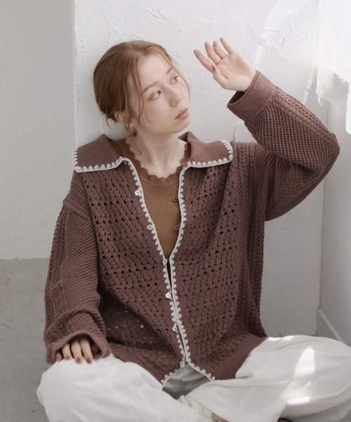 Crisp（クリスプ）の「ステッチアクセントニットカーディガン（カーディガン/ボレロ・レディース・ブラウン/アイボリー・FREE）」の7枚目の写真