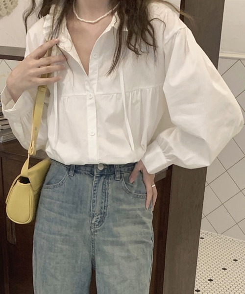 Miniministore(ミニミニストア)の「フリル衿ブラウス 長袖タックシャツ韓国風(シャツ/ブラウス・レディース・カーキブラウン/ホワイト・L/M)」の3枚目の写真