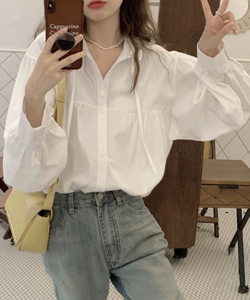 Miniministore(ミニミニストア)の「フリル衿ブラウス 長袖タックシャツ韓国風(シャツ/ブラウス・レディース・カーキブラウン/ホワイト・L/M)」の4枚目の写真