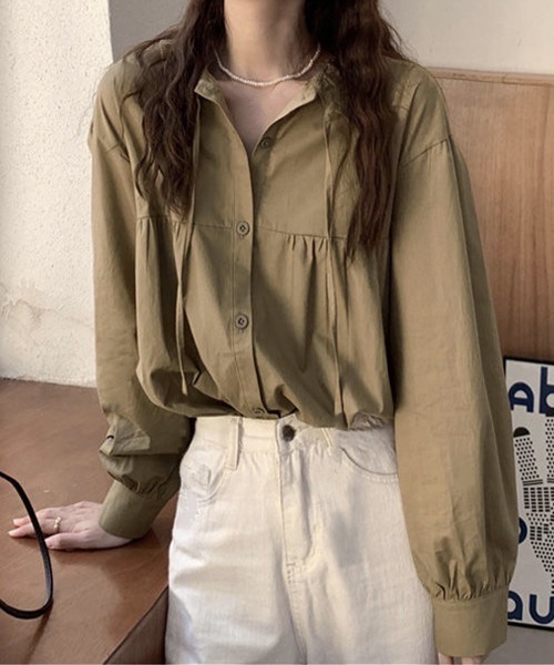 Miniministore(ミニミニストア)の「フリル衿ブラウス 長袖タックシャツ韓国風(シャツ/ブラウス・レディース・カーキブラウン/ホワイト・L/M)」の6枚目の写真