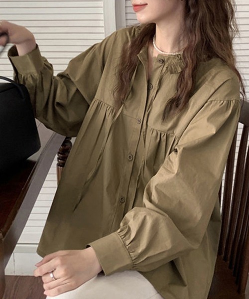 Miniministore(ミニミニストア)の「フリル衿ブラウス 長袖タックシャツ韓国風(シャツ/ブラウス・レディース・カーキブラウン/ホワイト・L/M)」の9枚目の写真