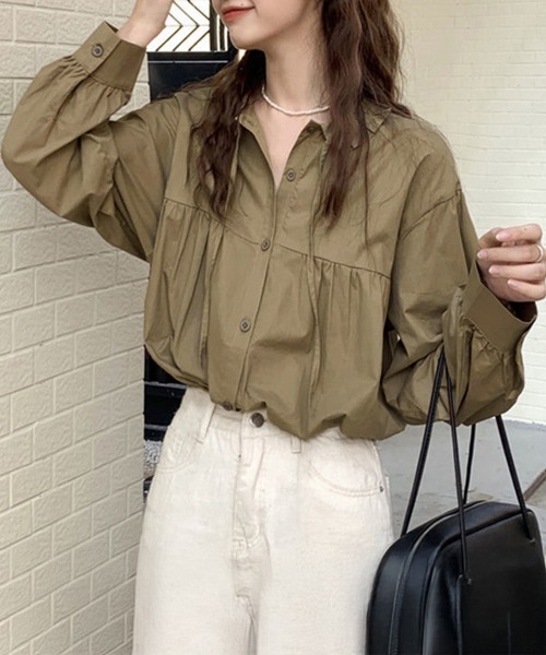 Miniministore(ミニミニストア)の「フリル衿ブラウス 長袖タックシャツ韓国風(シャツ/ブラウス・レディース・カーキブラウン/ホワイト・L/M)」の10枚目の写真