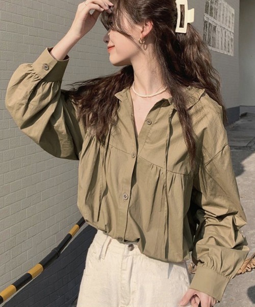 Miniministore(ミニミニストア)の「フリル衿ブラウス 長袖タックシャツ韓国風(シャツ/ブラウス・レディース・カーキブラウン/ホワイト・L/M)」の11枚目の写真
