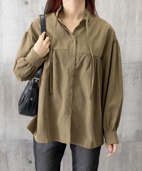 Miniministore(ミニミニストア)の「フリル衿ブラウス 長袖タックシャツ韓国風(シャツ/ブラウス・レディース・カーキブラウン/ホワイト・L/M)」の15枚目の写真