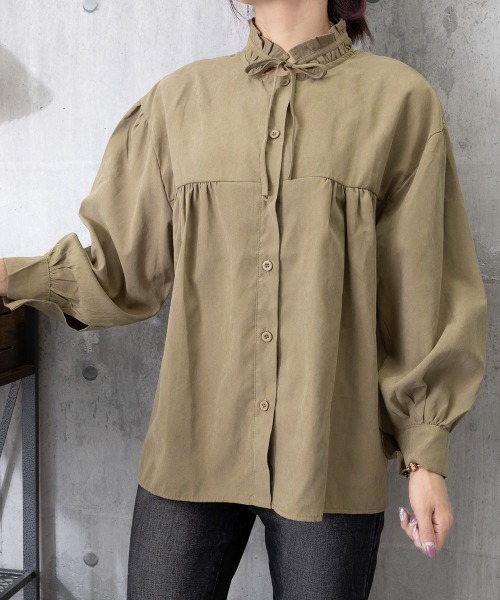 Miniministore(ミニミニストア)の「フリル衿ブラウス 長袖タックシャツ韓国風(シャツ/ブラウス・レディース・カーキブラウン/ホワイト・L/M)」の18枚目の写真
