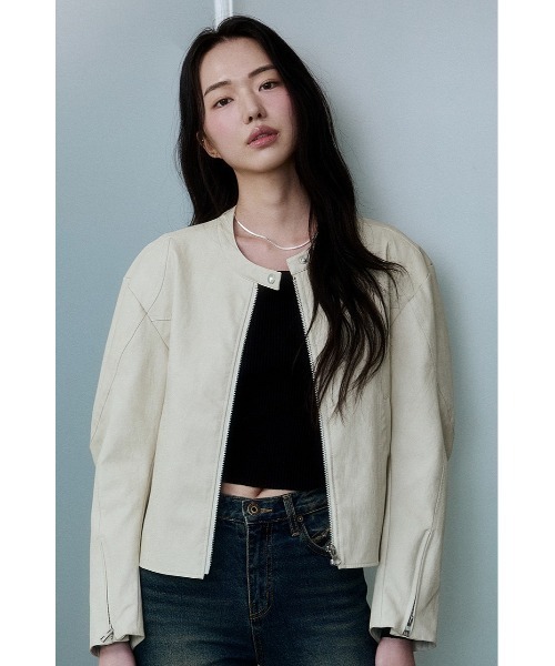 InstantFunk(インスタントファンク)の「【INSTANTFUNK】レザーライク ショートジャケット(その他アウター・レディース・アイボリー/ブラック・FREE)」の1枚目の写真