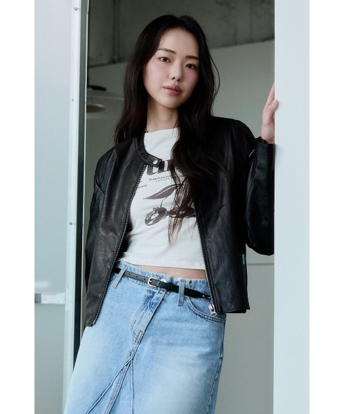 InstantFunk(インスタントファンク)の「【INSTANTFUNK】レザーライク ショートジャケット(その他アウター・レディース・アイボリー/ブラック・FREE)」の2枚目の写真