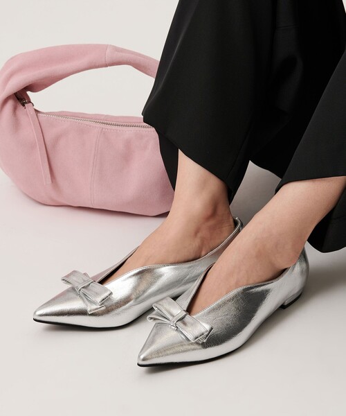 メタリック リボン Vカット フラットシューズ（パンプス
