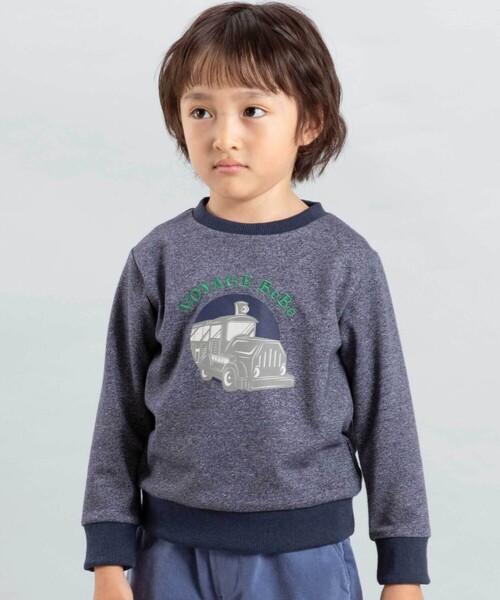 BeBe(ベベ)の「トレインプリントメランジトレーナー(スウェット・キッズ・ボルドー/ネイビー・120cm/140cm/130cm/150cm)」の1枚目の写真