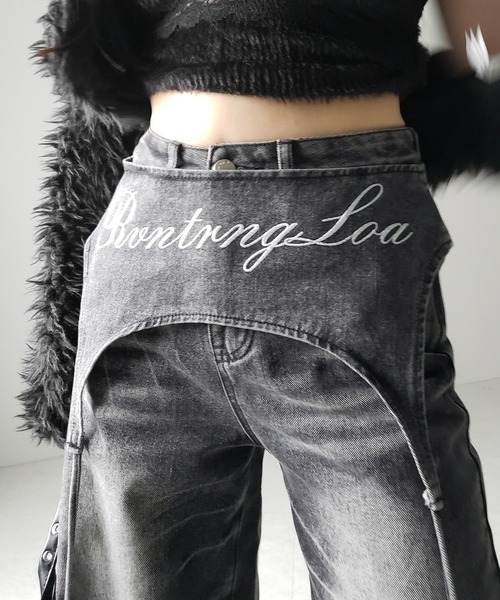 me+em select(ミームセレクト)の「【 2WAY 】レタリングロゴ刺繍ガーターヴィンテージワイドデニム / lettering logo embroidery garter vintage wide denim ※※(デニムパンツ・レディース・ブルー/ブラック・MEDIUM/SMALL/X-LARGE/LARGE)」の5枚目の写真