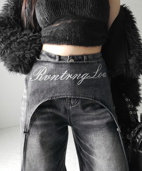 me+em select(ミームセレクト)の「【 2WAY 】レタリングロゴ刺繍ガーターヴィンテージワイドデニム / lettering logo embroidery garter vintage wide denim ※※(デニムパンツ・レディース・ブルー/ブラック・MEDIUM/SMALL/X-LARGE/LARGE)」の7枚目の写真
