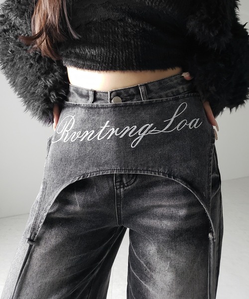 me+em select(ミームセレクト)の「【 2WAY 】レタリングロゴ刺繍ガーターヴィンテージワイドデニム / lettering logo embroidery garter vintage wide denim ※※(デニムパンツ・レディース・ブルー/ブラック・MEDIUM/SMALL/X-LARGE/LARGE)」の6枚目の写真
