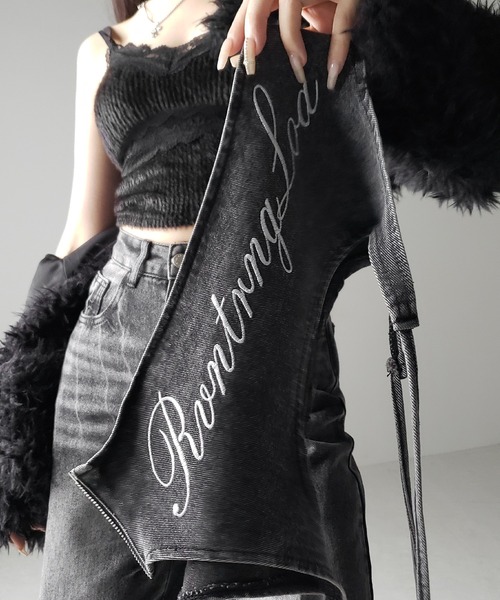 me+em select(ミームセレクト)の「【 2WAY 】レタリングロゴ刺繍ガーターヴィンテージワイドデニム / lettering logo embroidery garter vintage wide denim ※※(デニムパンツ・レディース・ブルー/ブラック・MEDIUM/SMALL/X-LARGE/LARGE)」の10枚目の写真