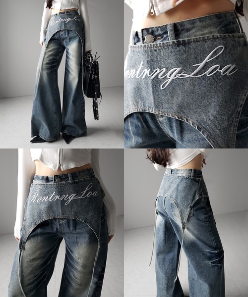 me+em select(ミームセレクト)の「【 2WAY 】レタリングロゴ刺繍ガーターヴィンテージワイドデニム / lettering logo embroidery garter vintage wide denim ※※(デニムパンツ・レディース・ブルー/ブラック・MEDIUM/SMALL/X-LARGE/LARGE)」の4枚目の写真