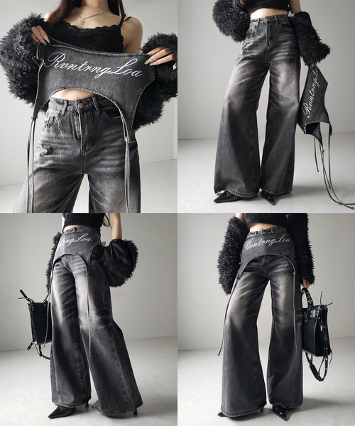 me+em select(ミームセレクト)の「【 2WAY 】レタリングロゴ刺繍ガーターヴィンテージワイドデニム / lettering logo embroidery garter vintage wide denim ※※(デニムパンツ・レディース・ブルー/ブラック・MEDIUM/SMALL/X-LARGE/LARGE)」の3枚目の写真