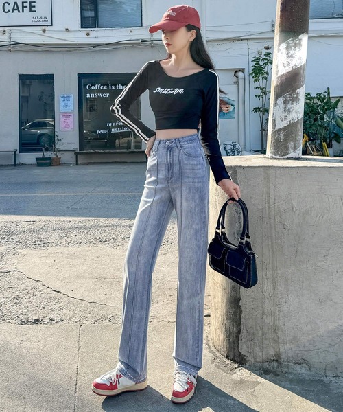 セール】レディース 細見えライン入り美脚強調ストレートデニム