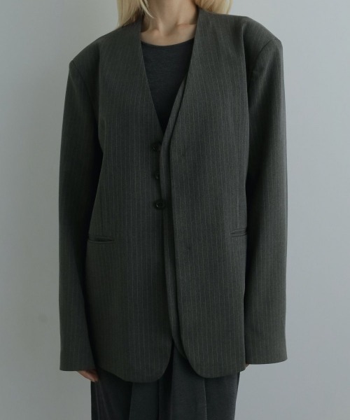 anuke ノーカラーグレージャケット ストライプ anuke ノーカラーグレージャケット ストライプ｜anuke ノーカラー