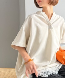 上品に華奢魅せ☆楽ちんな着心地×さらっとした肌触り。きれい見えも叶う一枚。リネン混バンドカラースキッパータックブラウス